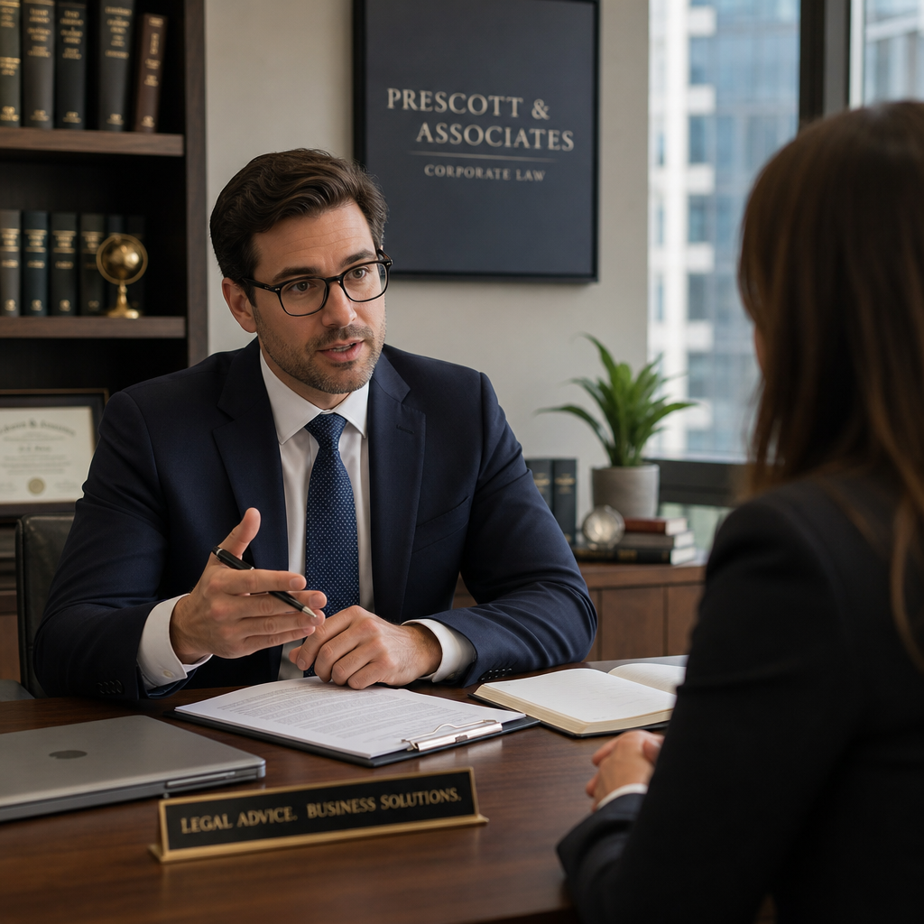 Abogado corporativo brindando asesoría legal profesional en oficina moderna